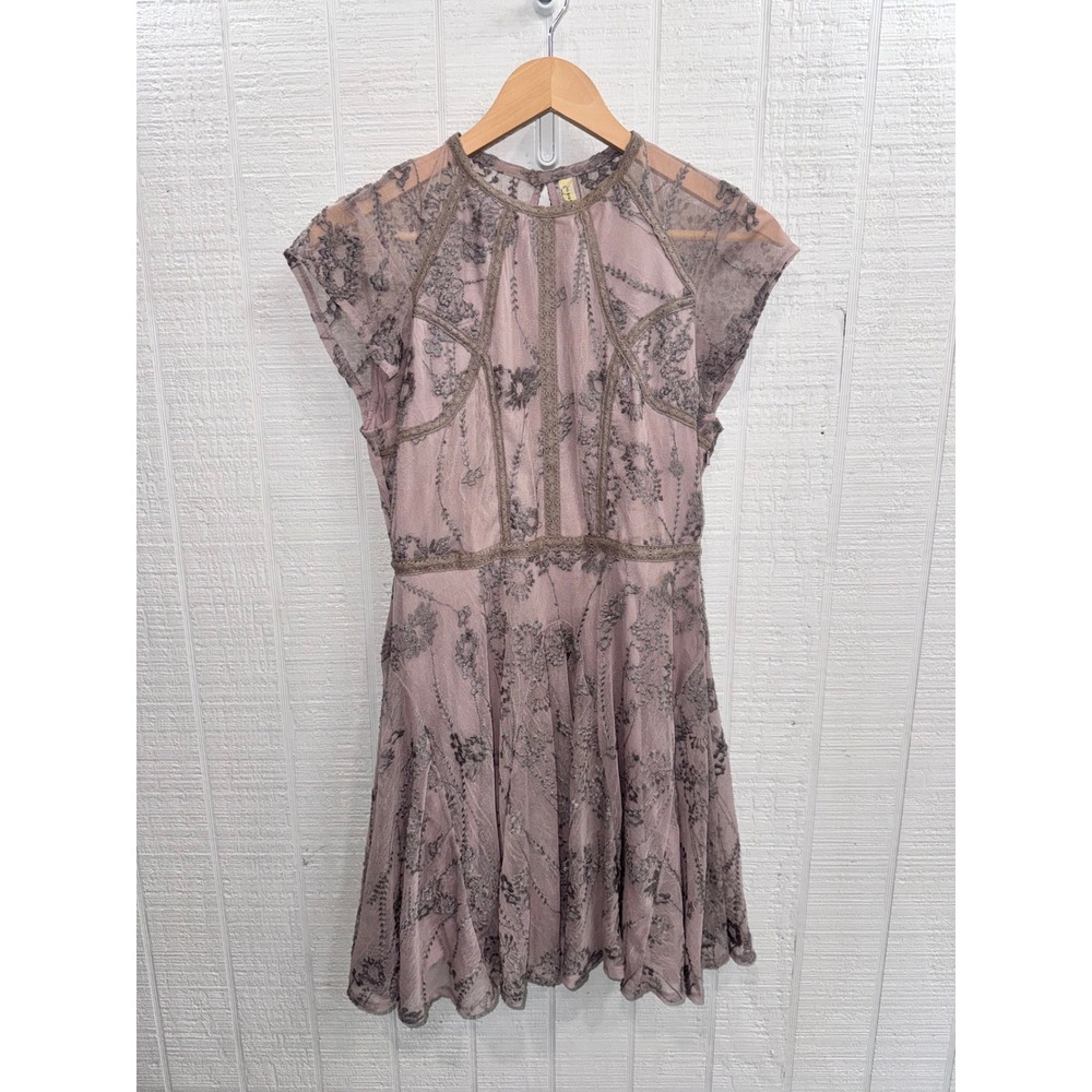 Free People Mini Dress Women 8 Mauve Embroidered Mesh Lace Fit Flare